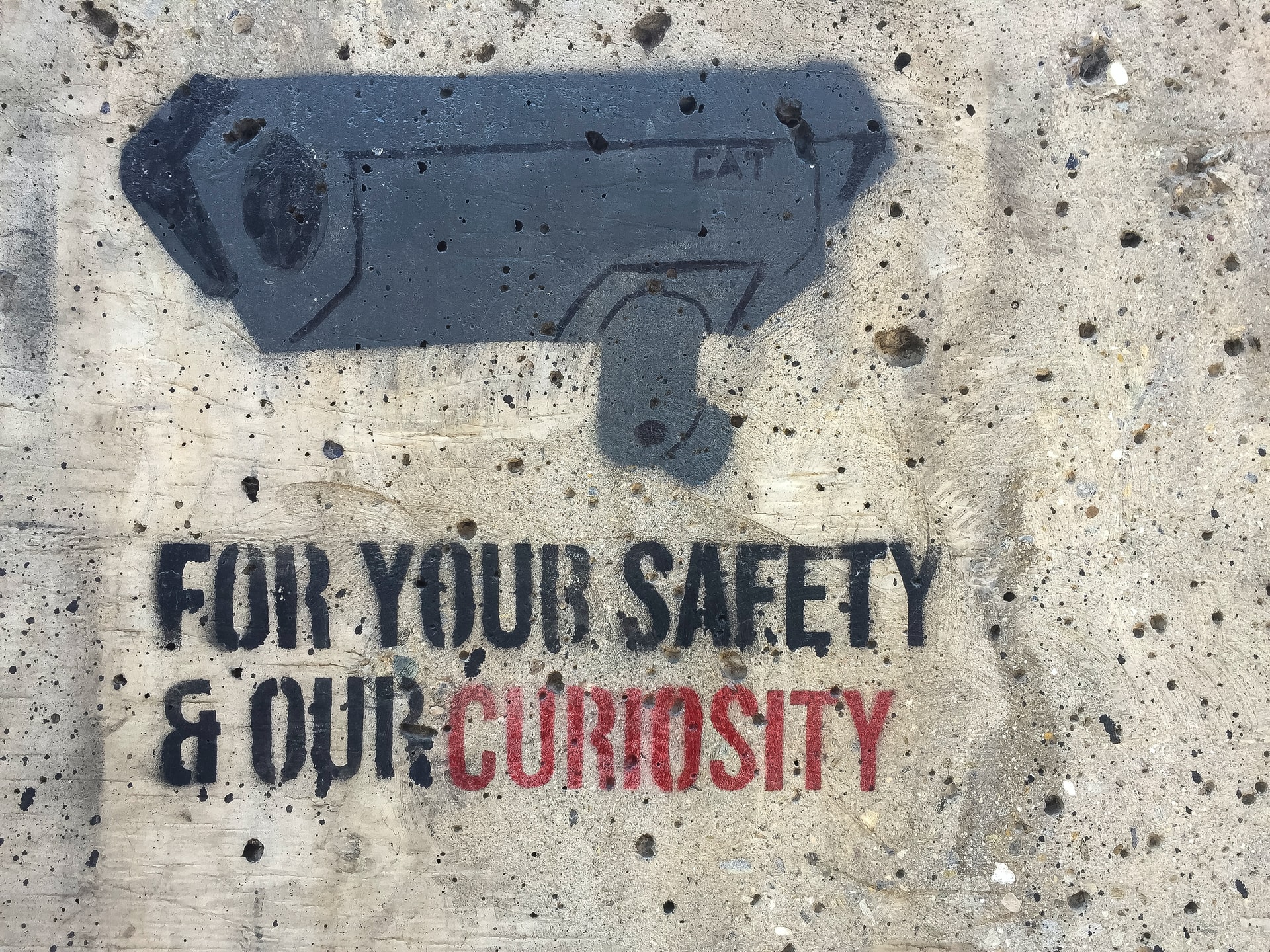 Grafitti of a surveillance camera on a concrete wall with the text 'for your safety & our curiosity'.