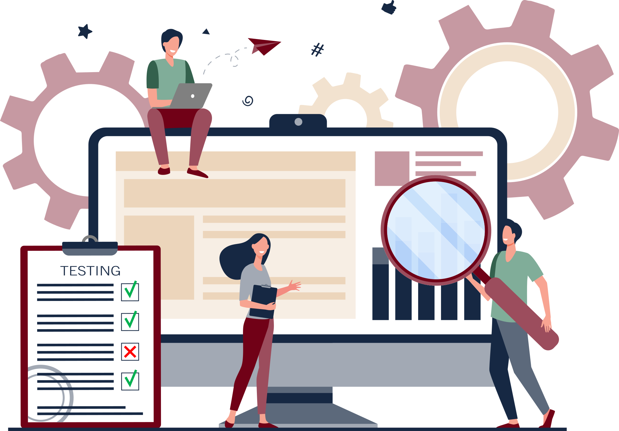 An illustration of three tiny people at a computer, looking at Tacita's GDPR audit report.