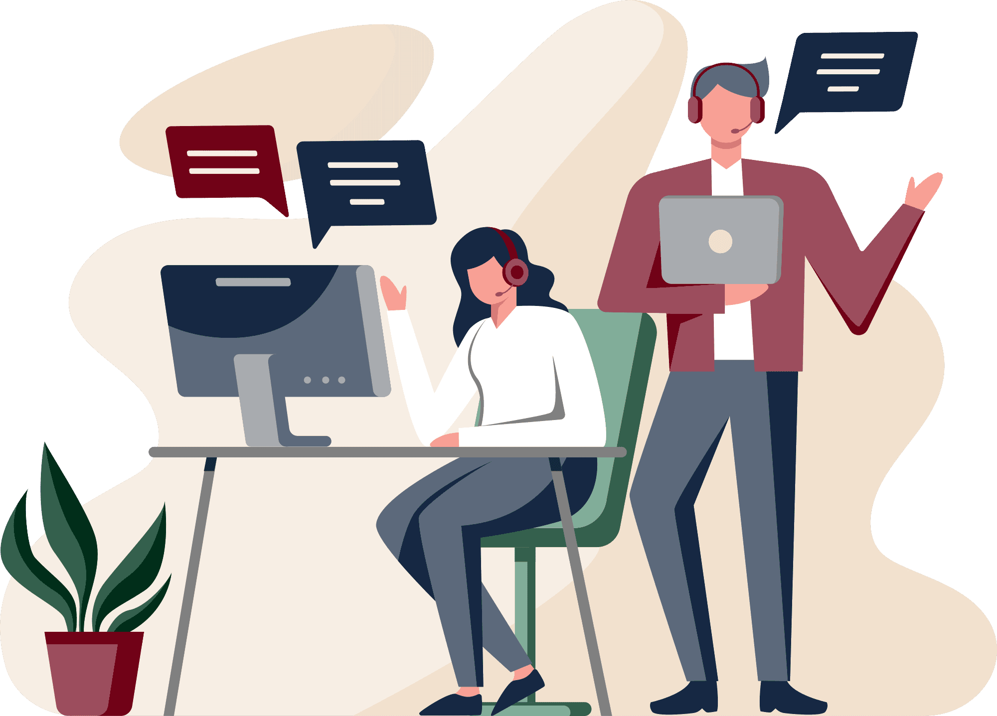 Illustration of two people next to a computer and desk.